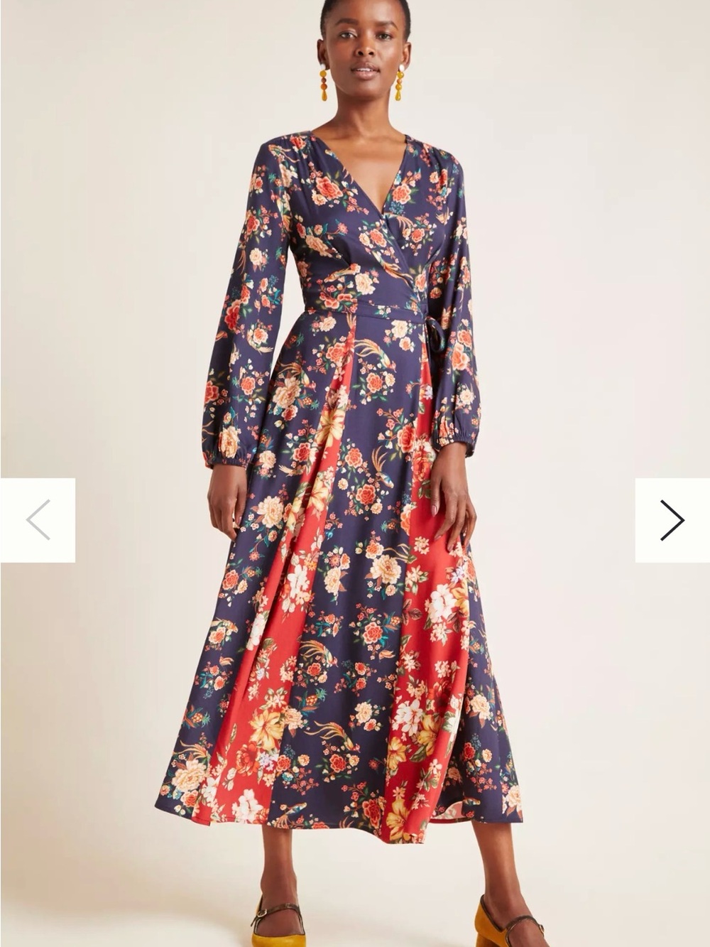 Farm Rio Anthropologie Garcia Navy and Red Floral Wrap Maxi Dress